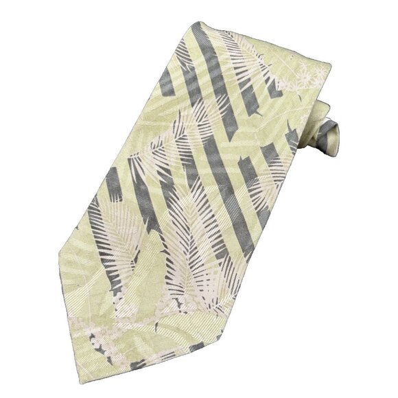 TOMMY BAHAMA Tie Men's 100% Silk Green Beige Floral Trees Leaves Strips GUC - Picture 1 of 8